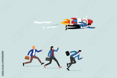 Competitive advantage to win business competition, innovation or winning strategy and success concept, smart entrepreneurs with rocket boosters lead the way to victory in business competition.
