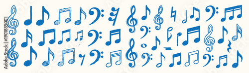 Musical note symbols set features treble clefs and melody lines in a blue artistic sketch style.
