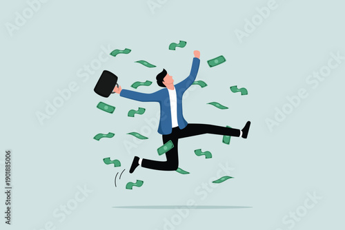 Successful entrepreneurs achieve financial freedom, happy with lots of money and wealth, the concept of increasing income or salary, happy entrepreneurs jump high with rain of money.