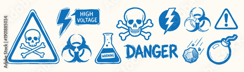 Warning and danger symbol set includes skull, biohazard, and high voltage signs in a blue sketch style.