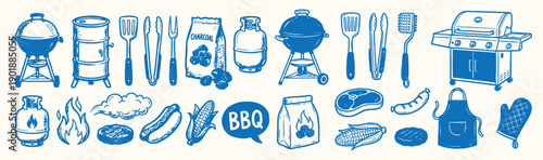 Barbecue grill and picnic set features gas grills, steak, sausages, and cooking tools in a blue doodle style.