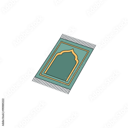 A simple, flat illustration of a green Islamic prayer rug with a decorative arch motif and fringed edges.