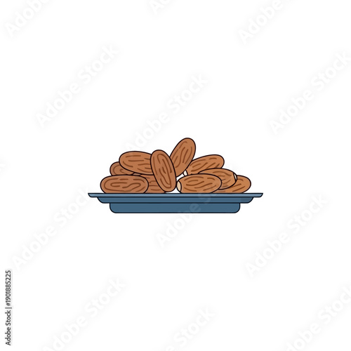 A simple illustration of a pile of brown dates on a blue rectangular plate, presented against a white background.