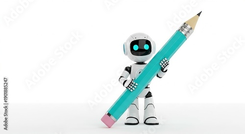 Cute white robot holding a large blue pencil on white background