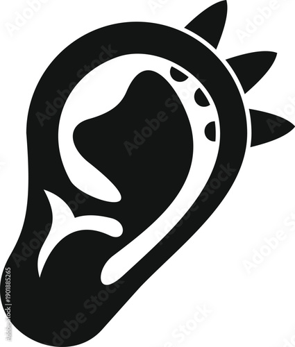 Stylized black and white illustration of an ear with cartilage piercings