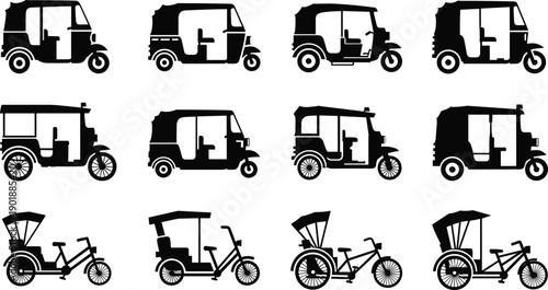Traditional Asian transport silhouette collection featuring various auto rickshaw and cycle rickshaw icons for travel tourism and cultural design projects and branding