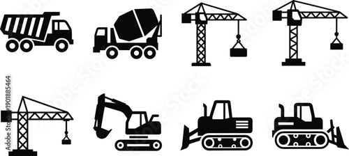 Heavy construction machinery silhouette icon set featuring dump truck cement mixer tower cranes excavator and bulldozer for industrial engineering and building projects