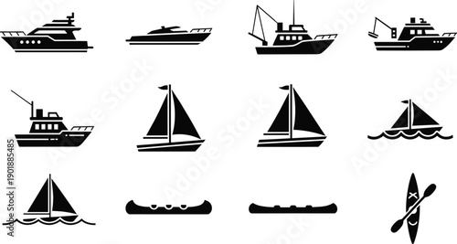 Collection of boat and ship silhouettes featuring luxury yachts sailing boats fishing vessels canoes and kayaks for maritime travel and nautical design