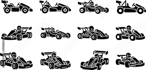 Racing go kart silhouette icon set featuring various motorsport vehicles with drivers in helmets for competitive karting speed tracks and automotive branding