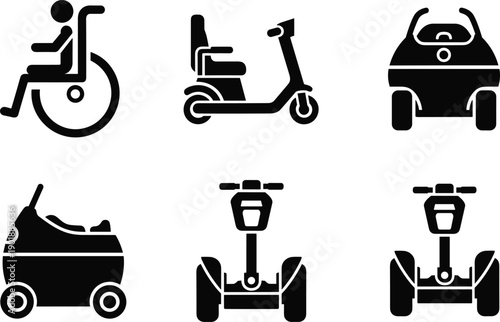 Mobility aid and personal electric vehicle silhouette set featuring manual wheelchair mobility scooter segway and modern self balancing transport for accessibility design