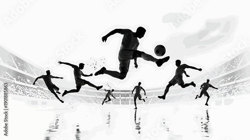 Dynamic Soccer Silhouette: Dramatic black and white silhouettes capture the explosive energy and graceful movements of soccer players during a match, highlighting the passion and skill.