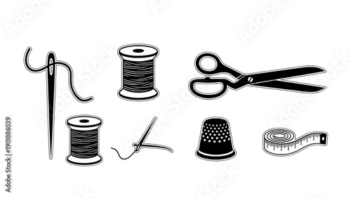 An icon set featuring sewing tools like needle, thread, scissors, and thimble.
