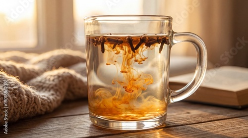 A clear glass cup of herbal...