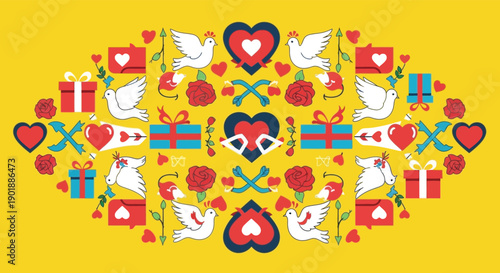 A colorful illustration of love symbols and gifts on a yellow background