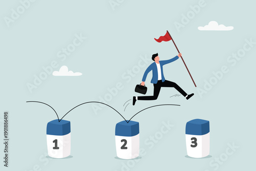 Project milestone to progress toward business goal, journey or execution to achieve business success concept, skillful businessman holding success flag jumping on milestones reaching target.