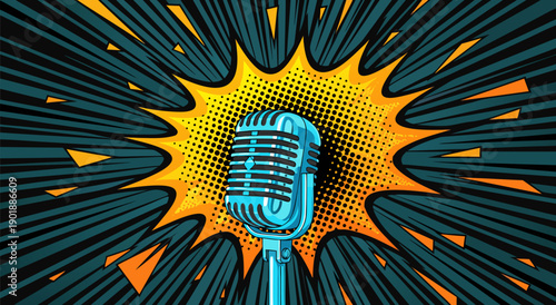 Retro Microphone Pop Art Vector Illustration, Vibrant Comic Style Graphic