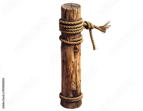Wooden post secured by knotted rope, rendering a rustic, nautical scene