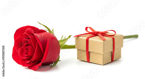 red rose with wrapped gift box representing love romance and valentine day surprise perfect for anniversaries couples weddings and heartfelt romantic celebrations isolated on white background