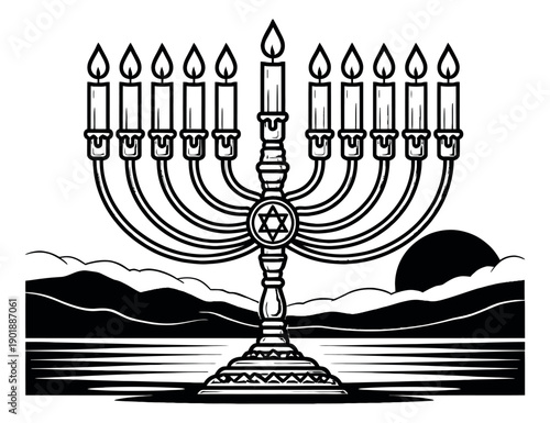 Graphic line art illustration of a menorah depicting lit candles and a Star of David against a scenic landscape for a Hanukkah celebration