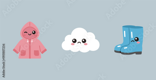Cute Kawaii Rain Gear and Weather Icons Featuring Happy Pink Raincoat Sad Cloud and Blue Rain Boots Characters Isolated for Kids Design Use