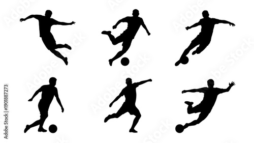 Soccer Silhouette Actions: Dynamic silhouettes of a soccer player in various action poses, capturing the energy and skill of the game.
