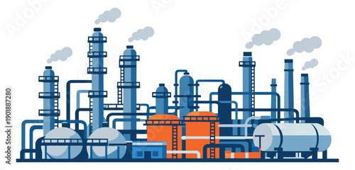 Flat vector illustration of an industrial factory depicting smoke stacks and storage tanks for heavy industry concepts