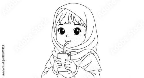 A black and white line art illustration of a cute young Muslim girl wearing a hijab and drinking from a juice box with a straw.