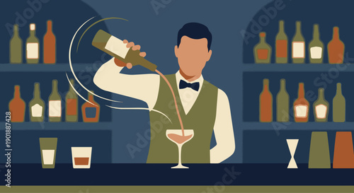 “Flat vector illustration of a bartender pouring liquor from a bottle into a cocktail glass, smooth motion lines, bar counter in foreground, shelves of bottles in background, minimal flat design”