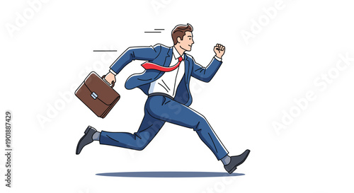 A dynamic illustration of a businessman in a blue suit running quickly while carrying a briefcase, conveying urgency, speed, and ambition.