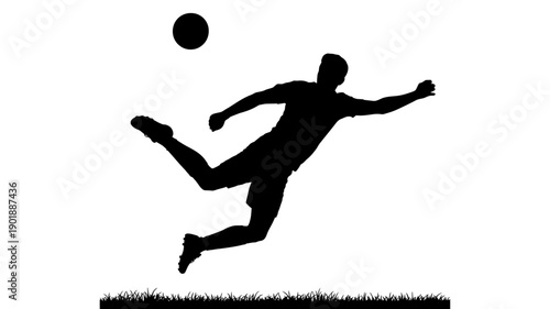 Soccer Silhouette: Dynamic silhouette of a soccer player soaring through the air, poised to strike the ball with precision. A powerful display of athleticism, skill and the excitement of the game.