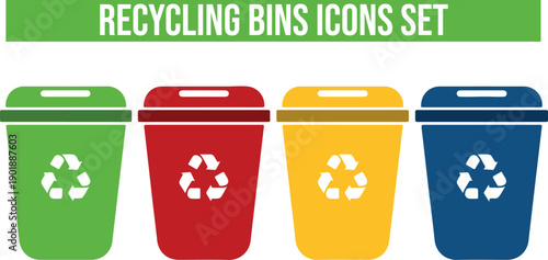 Recycling bins icons set, colorful trash cans with recycling symbols, for website, banner or presentation, isolated on transparent background, png