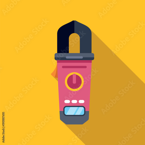 Clamp meter measuring electrical current, voltage, and resistance in a flat colorful design