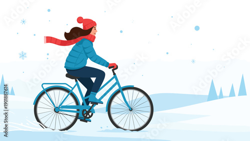 Cheerful young woman warmly dressed in a hat and scarf, happily riding a bicycle through a serene snow-covered winter landscape.
