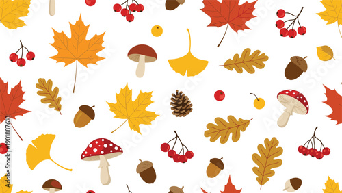Vibrant seamless autumn pattern featuring colorful maple and oak leaves, ginkgo leaves, mushrooms, acorns, and rowan berries.