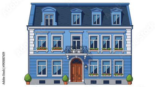Majestic and elegant blue European-style mansion building with intricate architectural details, multiple windows, and a grand entrance.