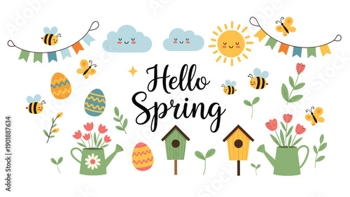 Vibrant "Hello Spring" illustration adorned with playful clouds, sun, bees, butterflies, eggs, birdhouses, and watering cans with flowers.