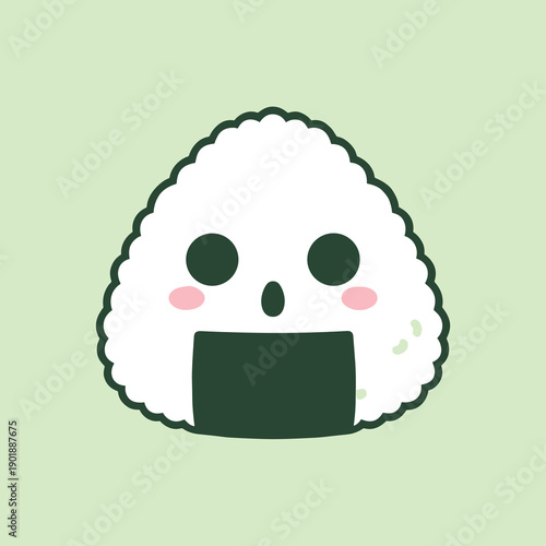 Cute kawaii Japanese onigiri rice ball character illustration with happy face and seaweed wrap in a sweet pastel green background flat vector art