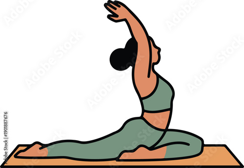 Woman practicing yoga pigeon pose on a mat illustration.