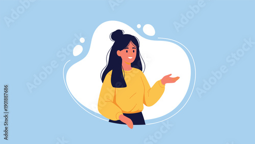 Cheerful young woman with dark hair in a bun and a yellow top, gestures invitingly with open hands, set against a soft blue abstract background, expressing welcome.