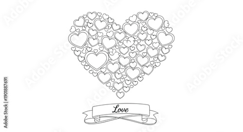 A lovely coloring page design featuring a large heart shape composed of many smaller, empty hearts, with a "Love is..." banner below.