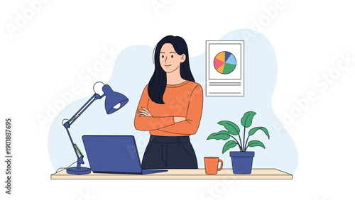 Confident smiling woman stands at her home office desk with arms crossed, a laptop, a lamp, a potted plant, and a pie chart visible, depicting a productive workspace.