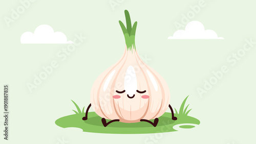 Adorable cartoon garlic character with a happy, serene smiling face, sits peacefully on a small patch of green grass, set against a light green sky.