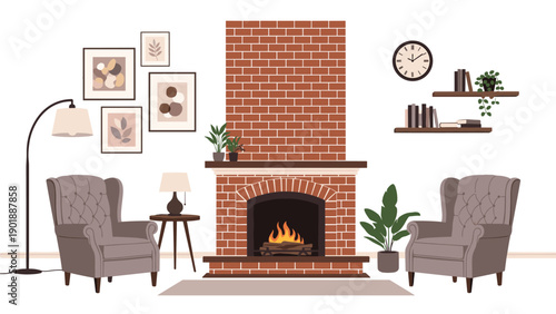 Cozy and inviting living room interior design featuring a rustic brick fireplace with a crackling fire, two comfortable armchairs, and decorative elements.