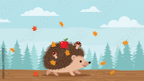 Adorable cartoon hedgehog cheerfully walks on a wooden log, carrying a red apple, mushrooms, and autumn leaves on its back in a forest.