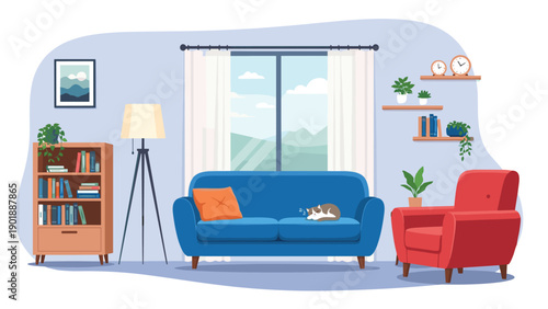 Cozy and tidy living room interior featuring a comfortable blue sofa and a red armchair, a bookcase, floor lamp, various plants, and a peacefully sleeping cat.