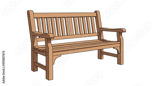 Classic and inviting wooden park bench with a slatted back and seat, featuring sturdy armrests, depicted in a clean, minimalist style.