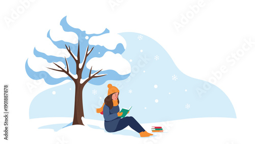 Peaceful young woman in warm winter clothes, sits comfortably under a snow-covered tree, engrossed in reading a book, with snowflakes falling.