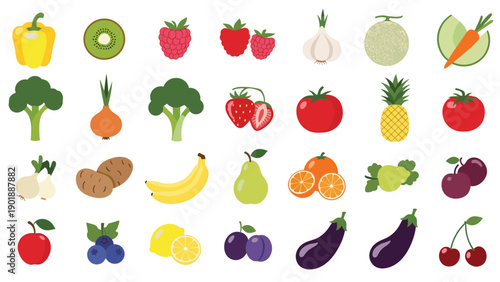 Extensive collection of diverse and colorful fruits and vegetables, presented as individual pixel art icons, including berries, broccoli, pineapple, and lemons.
