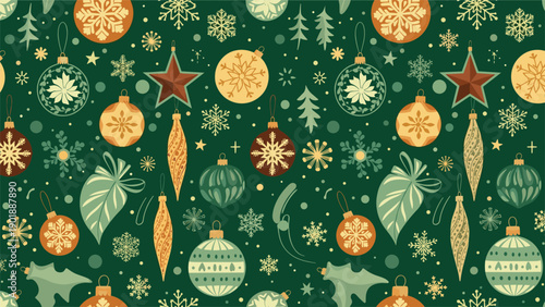 Elegant seamless Christmas pattern featuring vintage-style ornaments, delicate snowflakes, and pine trees, in a festive green, gold, and red palette.