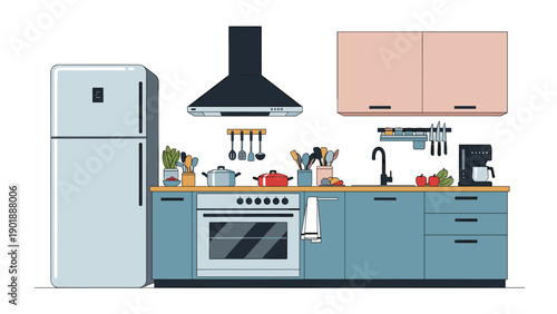 Sleek and functional modern kitchen interior featuring blue base cabinets, light pink overhead cabinets, contemporary appliances, and a range hood, offering a chic design.